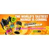Reklamní banner Nasty Juice prezentující e-liquid s mangovou příchutí na zářivě oranžovém pozadí s textem The Worlds Tastiest Mango Is Coming