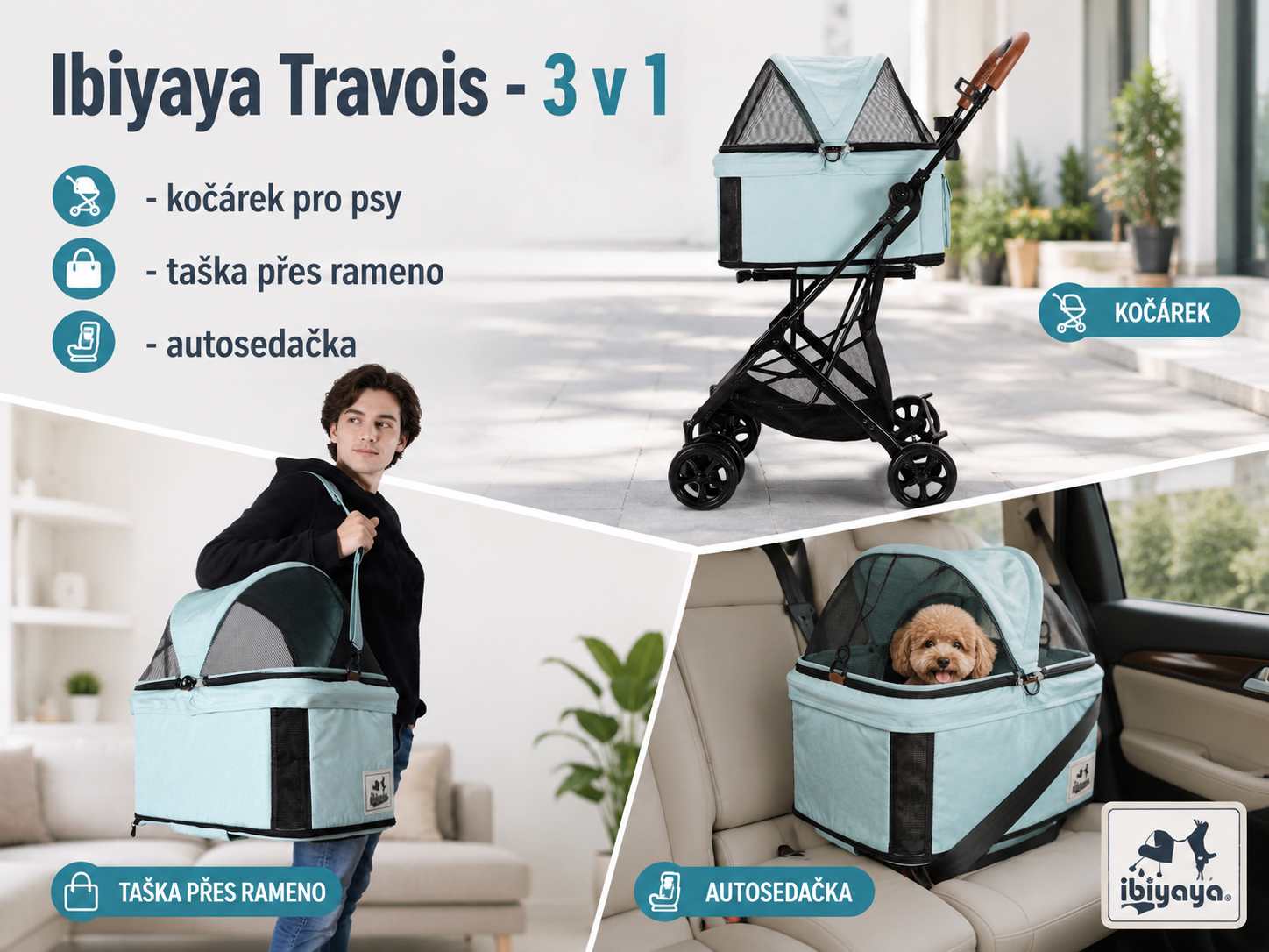 kočárek pro psy Ibiyaya Travois 3 v 1
