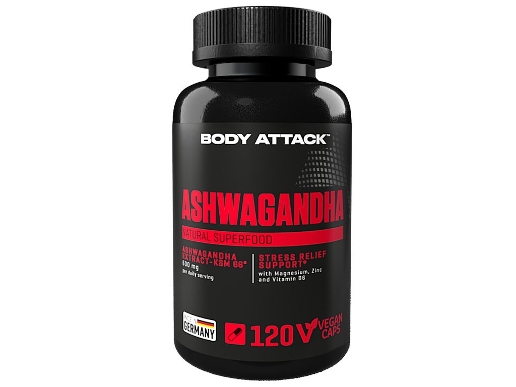 Ashwagandha Body Attack 120 kapslí – přírodní doplněk stravy pro podporu stresu, duševní pohody a fyzické vitality.