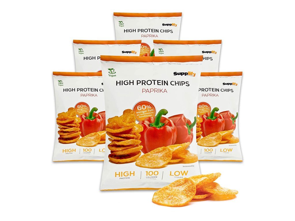 Supplify High Protein Chips Paprika – balení 6 kusů křupavých chipsů s vysokým obsahem bílkovin
