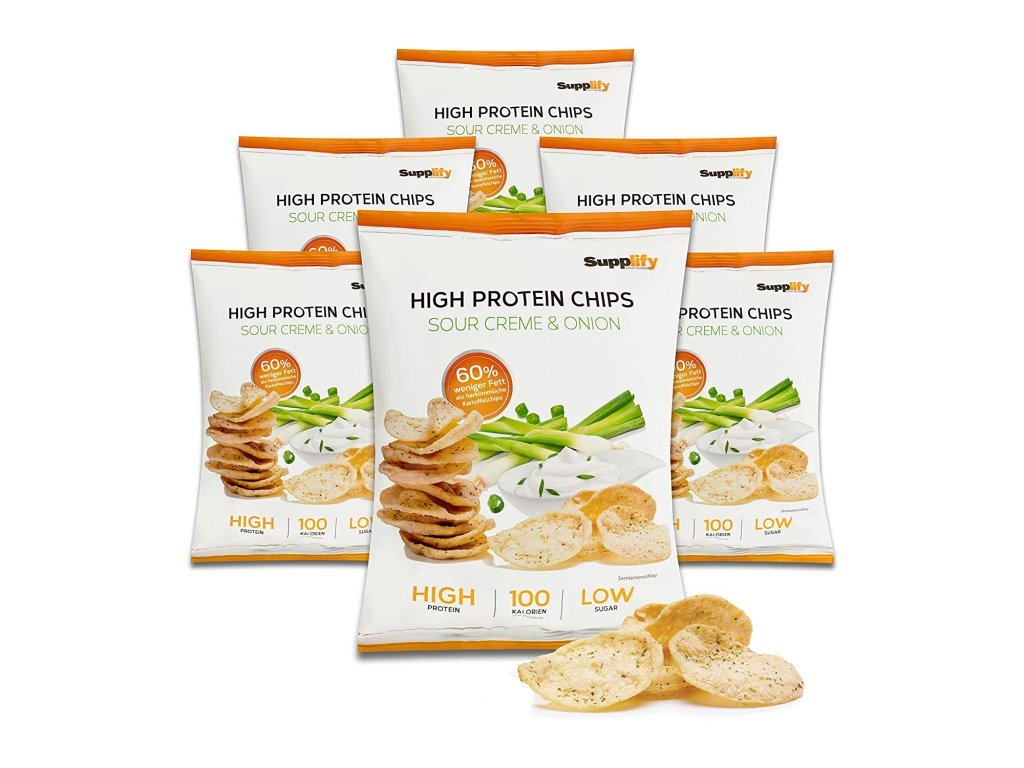 Supplify High Protein Chips Sour Creme and Onion – balení 6 kusů zdravých proteinových chipsů s nízkým obsahem tuku