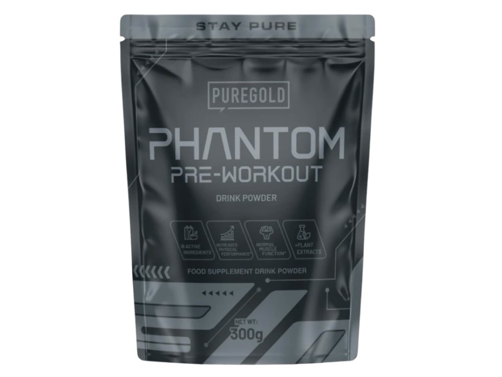 Nakopávač Phantom – PureGold, 300 g. Silný předtréninkový stimulant s kofeinem, beta-alaninem a taurinem pro maximální energii, soustředění a výkon při tréninku.