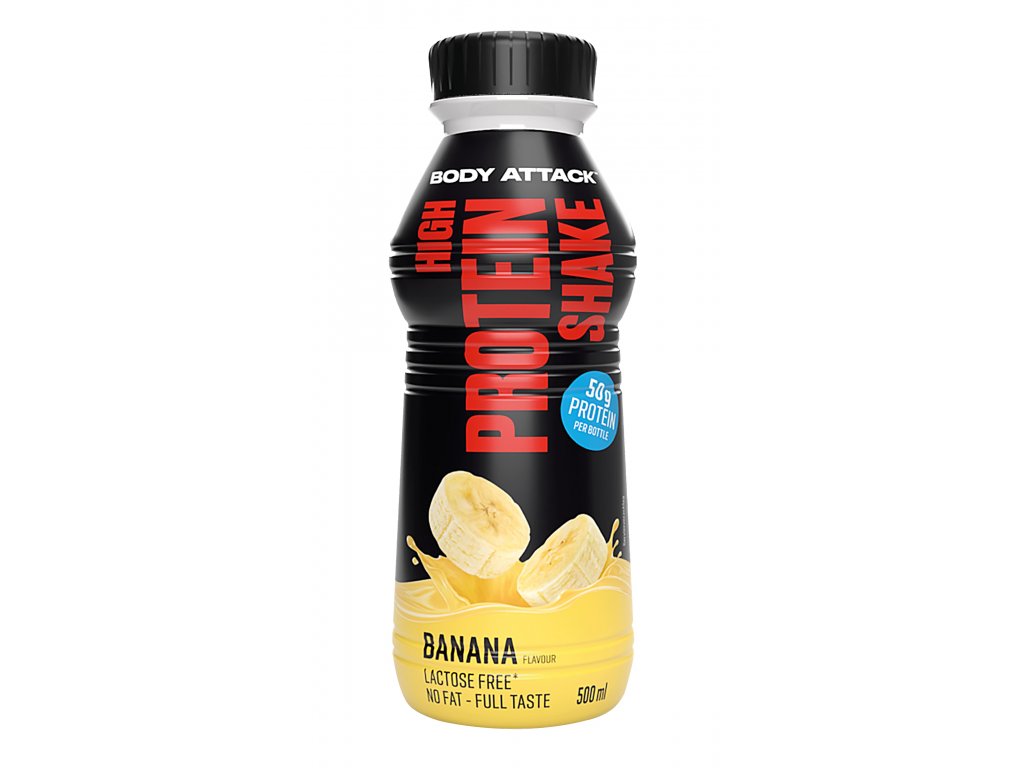 Protein Shake Body Attack 500ml, příchuť banán – výživný proteinový nápoj pro podporu regenerace svalů a doplnění bílkovin