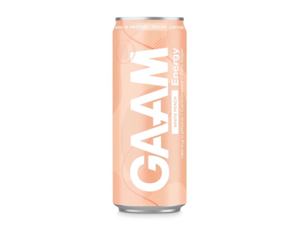 nergetický Nápoj GAAM 330ml, příchuť white peach – osvěžující energetický drink s jemnou chutí bílé broskve pro zvýšení energie a výkonu