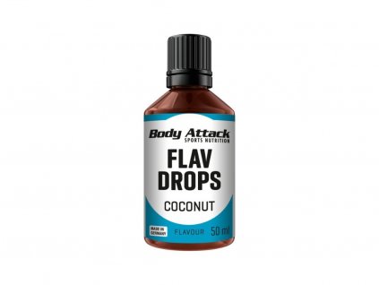 Flav Drops příchuť Kokos Body Attack 50 ml – Kokosová příchuť bez cukru, ideální pro fitness jídla a dietní nápoje.