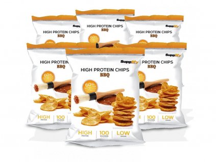 Protein Chips BBQ Supplify High – box 6×50g proteinových chipsů s BBQ příchutí pro zdravé mlsání a fitness