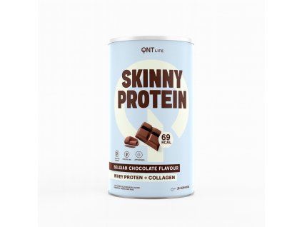 QNT Liife Skinny Protein – Belgická čokoláda, 440 g. Syrovátkový protein s kolagenem, L karnitinem a vitamíny. Pouze 69 kcal na porci, lehký a chutný nápoj