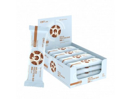 Box 12 ks QNT proteinových tyčinek Milkii Cookies 60 g – proteinová svačina s příchutí cookies, vysoký obsah bílkovin, ideální pro sportovce, fitness a zdravý životní styl.