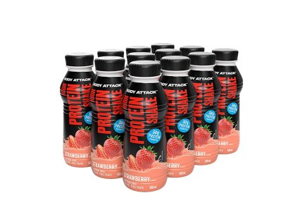 Balení 12 proteinových shake Body Attack s příchutí jahoda. Vysoký obsah bílkovin pro rychlou regeneraci svalů po tréninku.