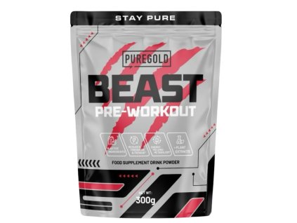 PureGold The Beast – silný pre-workout nakopávač pro maximální výkon a soustředění, 300g práškový doplněk."