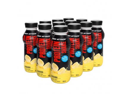 Protein Shake Body Attack 12×500ml, příchuť banán – výhodné balení proteinového nápoje pro regeneraci svalů a doplnění bílkovin
