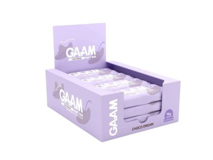 Balení 12 proteinových tyčinek GAAM Choco Dream – čokoládová příchuť, každá tyčinka 45 g, vhodné jako výživná svačina s vysokým obsahem bílkovin.