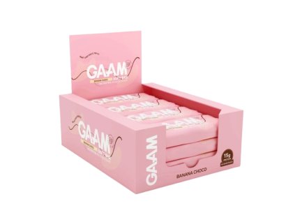 Proteinová tyčinka – GAAM, Banana Choco Box, 12 ks. Balení lahodných proteinových tyčinek s chutí banánu a čokolády. Vysoký obsah bílkovin, ideální pro sportovce i na cesty.