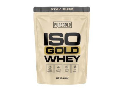 Iso Gold Whey – PureGold, 2000 g. Prémiový syrovátkový izolát s enzymem laktázy. Podporuje růst svalů, bez cukru a bez tuku. Ideální pro sportovce a fitness nadšence