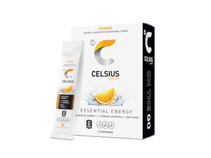 Celsius Orange – energetický nápoj v prášku bez cukru, s 7 vitamíny, zeleným čajem, guaranou, zázvorem a 200 mg kofeinu. Instantní stick 5,25 g s příchutí pomeranče.