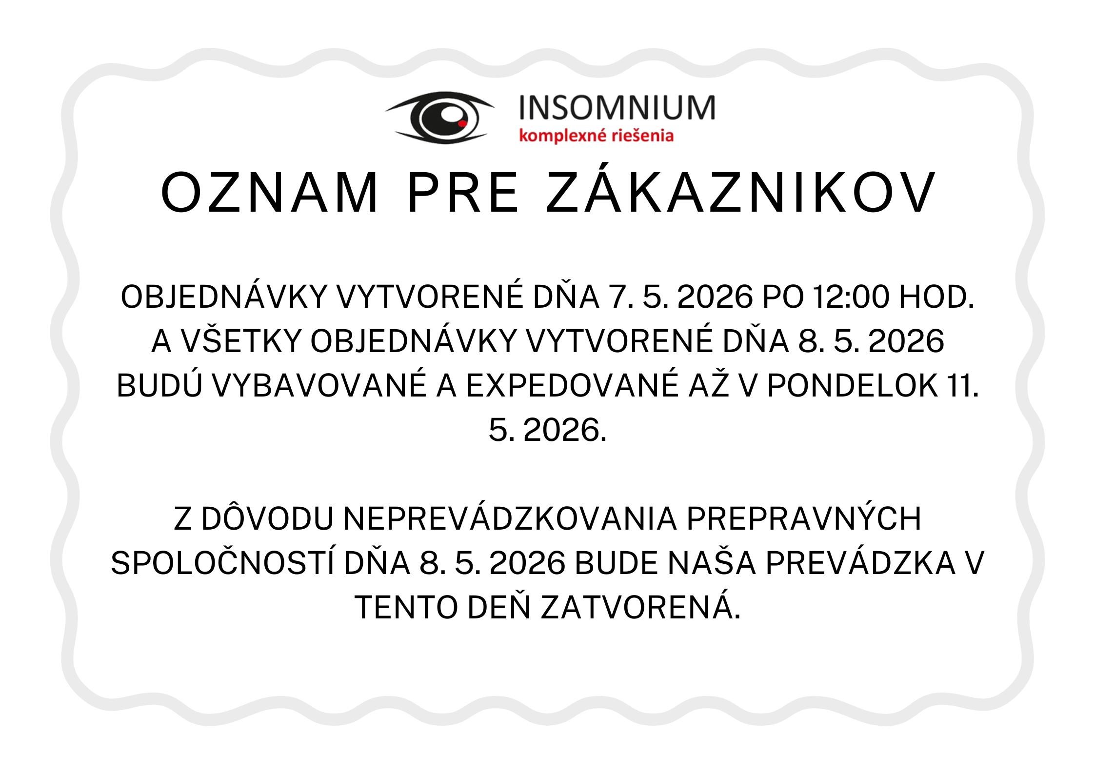 Oznam pre zákazníkov