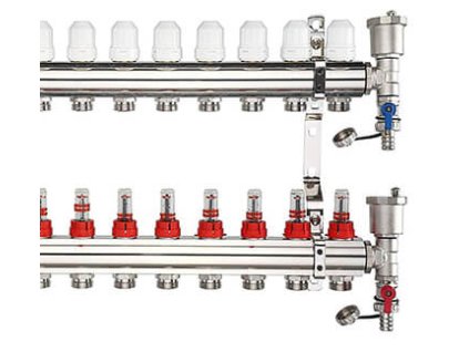 Nerezový rozdělovač s průtokoměry - 3 okruhy (2x automatický odvzdušňovací a 2x vypouštěcí ventil)