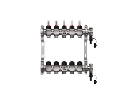 Nerezový rozdělovač s průtokoměry - 12 okruhů (2x manuální odvzdušňovací a 2x vypouštěcí ventil)