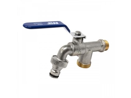 Kulový ventil (kohout) výtokový (zahradní) - mrazuvzdorný, dvojitý 1/2" s miniventilem 3/4" a rychlospojkou - modrá erogonomická rukojeť