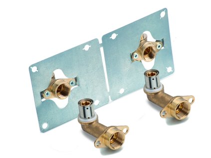 PEX / Multipex lisovací nástěnné koleno dvojité / dvojnástěnka - 16x1/2" TH - vnitřní závit (s montážní sadou do sádrokartonu)