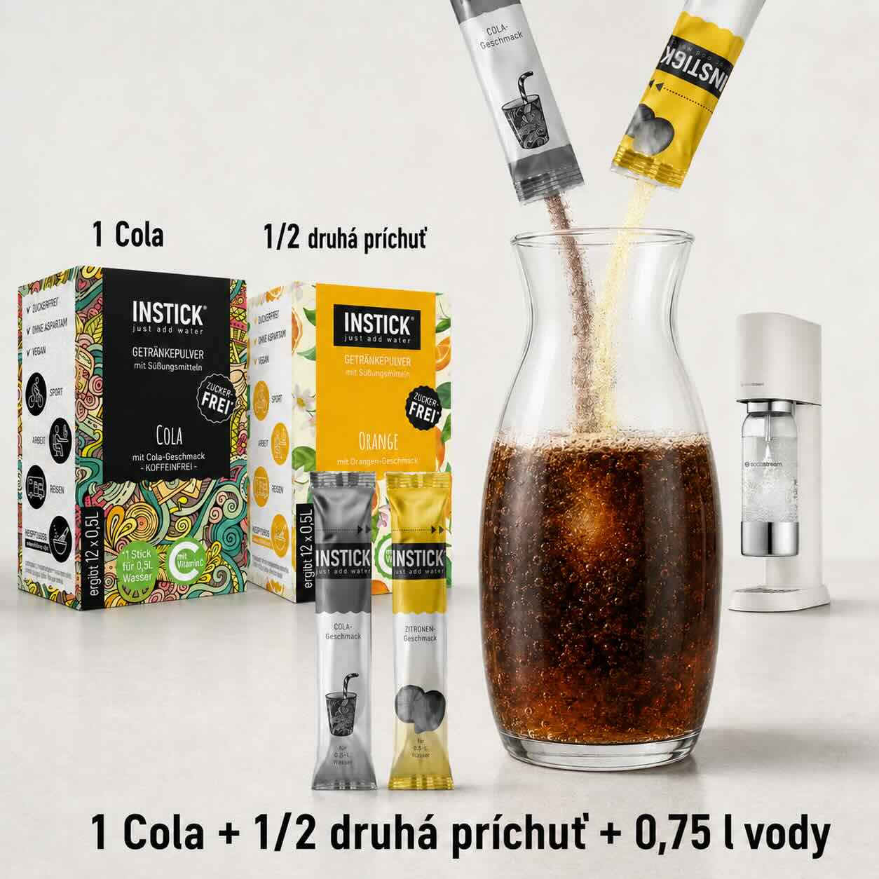 Ako pripraviť ochutenú colu z INSTICK na 0,75 litra