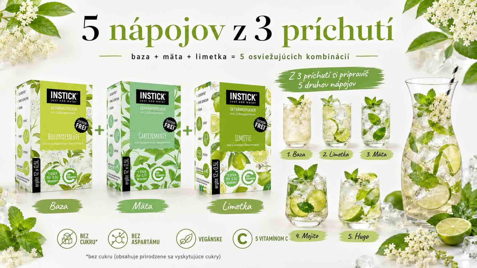 Nápoj v štýle Hugo z bazy mäty a limetky