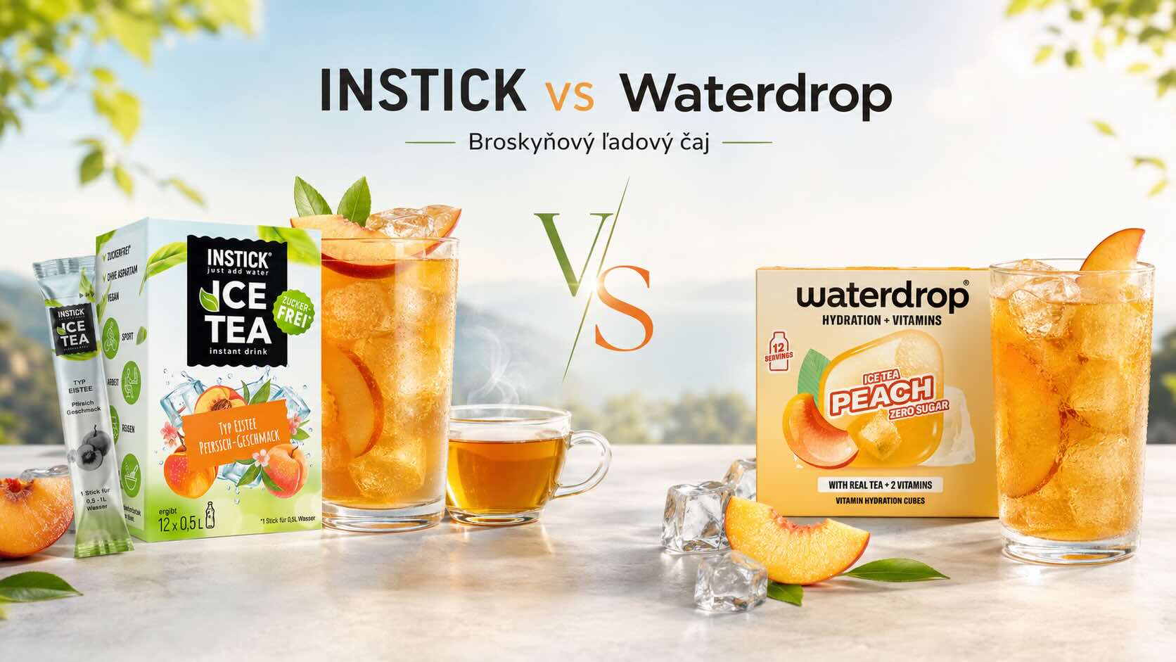 INSTICK vs Waterdrop broskyňový ľadový čaj – porovnanie zloženia a chuti