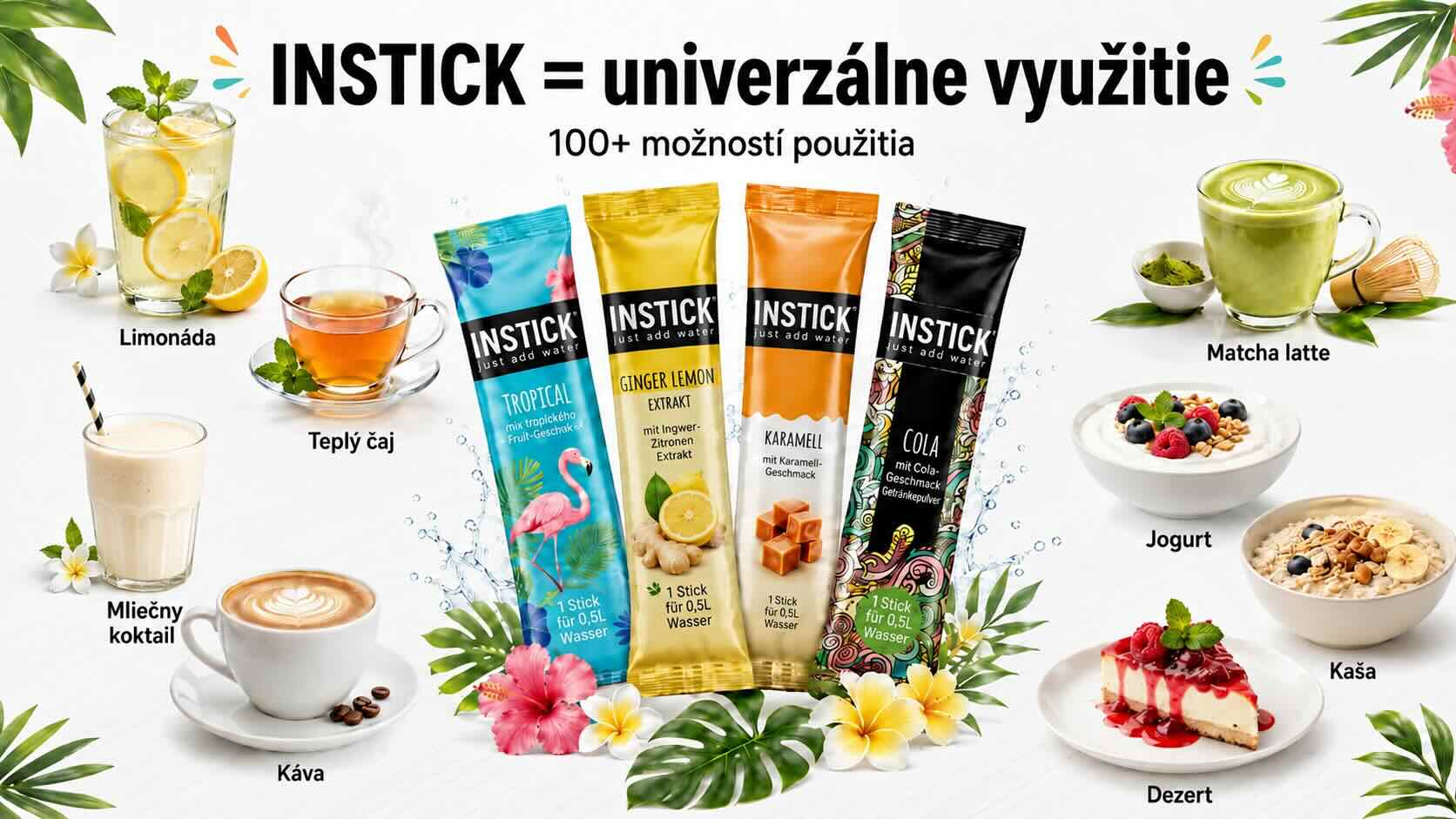 Univerzálne využitie INSTICK – limonáda, teplý čaj, mliečny koktail, káva, matcha latte, jogurt, kaša a dezert