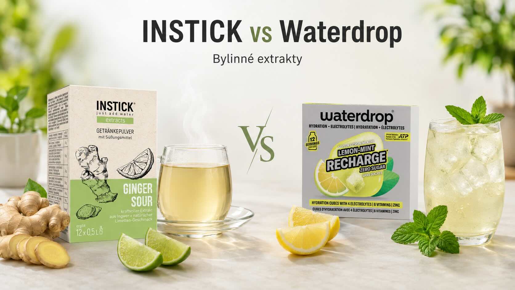 INSTICK Ginger Sour vs Waterdrop Lemon Mint – porovnanie bylinných extraktov