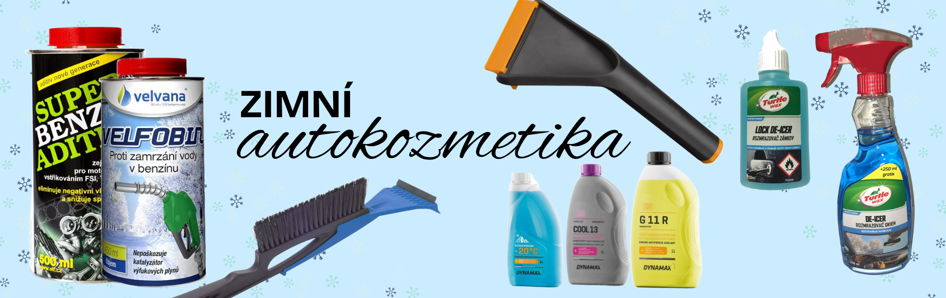 zimní produkty, odhrnovače, lopaty, sekáče na led, posypová sůl, de-icer, rozmrazovač zámků, lopata na sníh do auta, aditiva, nemrznoucí směsi, škrabka na okno na led, smetáček na led
