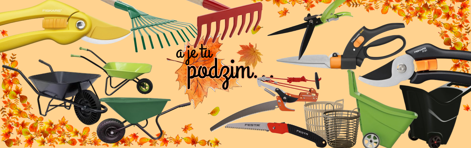 zahradní nářadí vhodné pro podzimní úklid v zahradě, hrábě, kolečka, rýč, zahradní nůžky, pilka na větve, koše a vozíky na listí a jiné potřeby