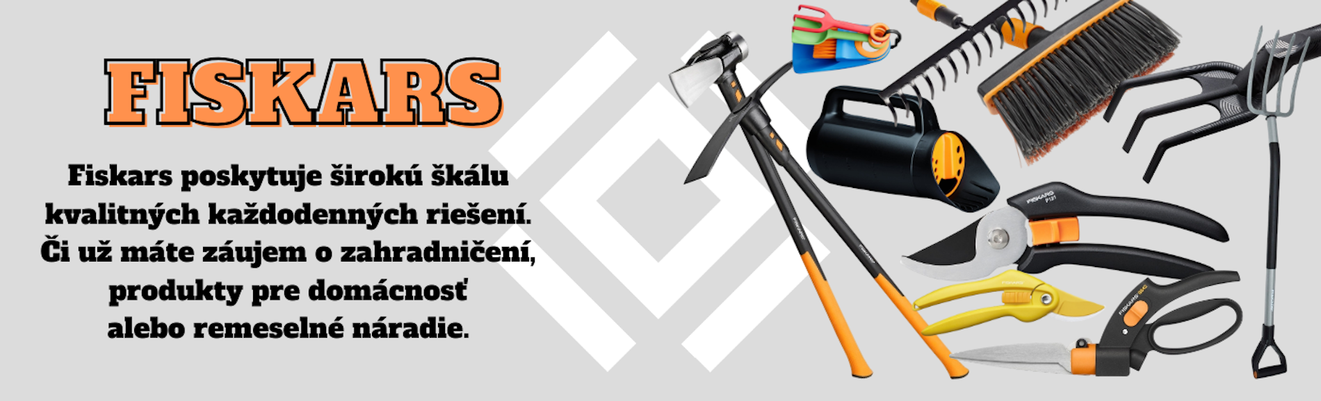 produkty značky Fiskars, sekera, krompáč, lopata, vidly, rýľ, záhradné nožnice, nožnice na bylinky, záhradné náradie, malá ručná lopatka, malý ručný kultyvátor/kyprič, oberák/zberač na ovocie, ručná motyčka, univerzálny nôž, násada, QuickFit systém, detsk