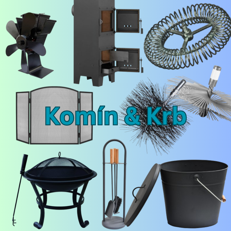 náradie na údržbu komínov a domáceho krbu, metličky a lopatky na čistenie krbu, stojany na drevo, zástena ku krbu, ventilátory na krb, záhradné ohniská, kefy na čistenie komínov, nádstavce na kefy