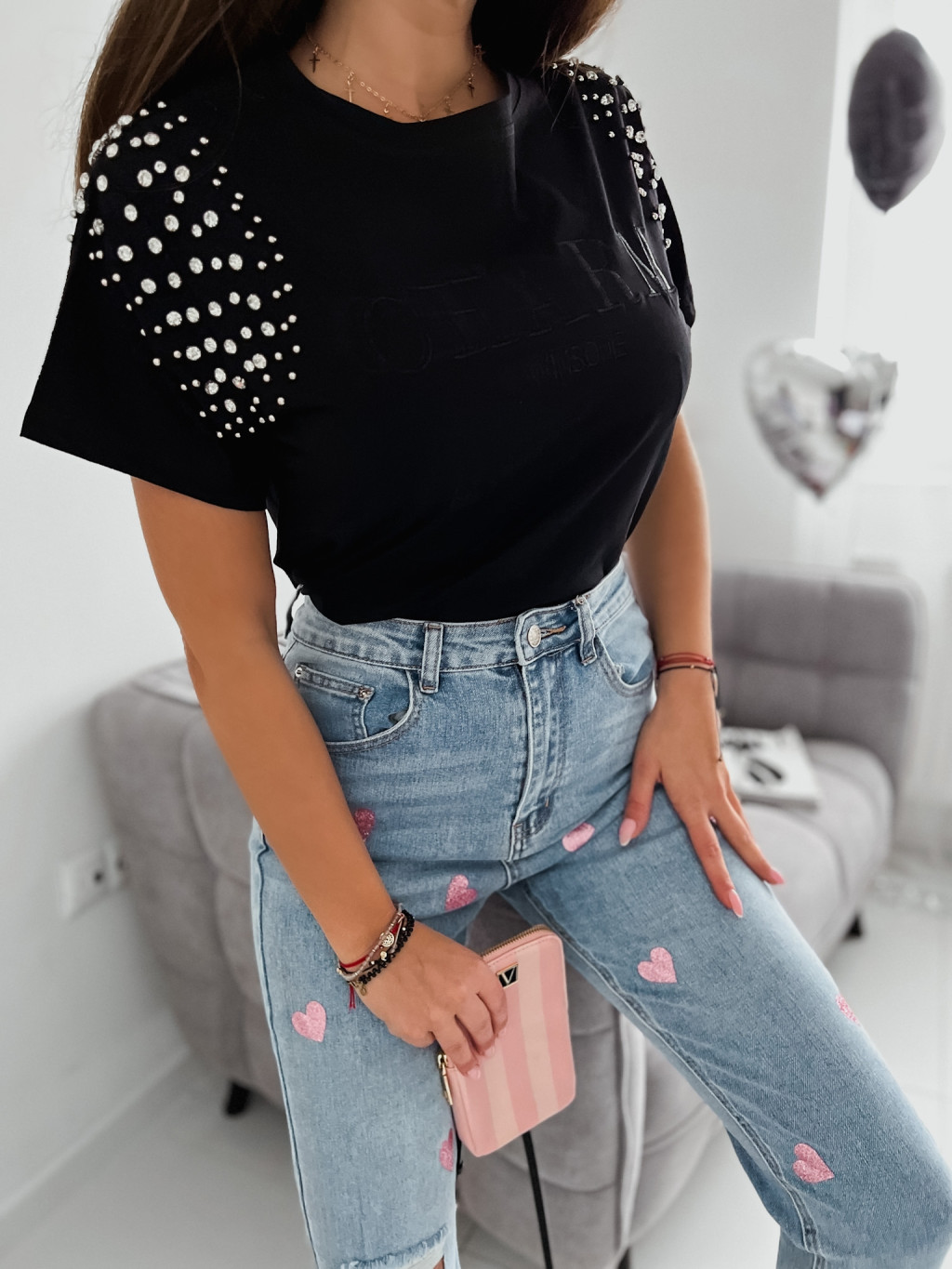 Zdobené bavlnené tričko Charm - čierne