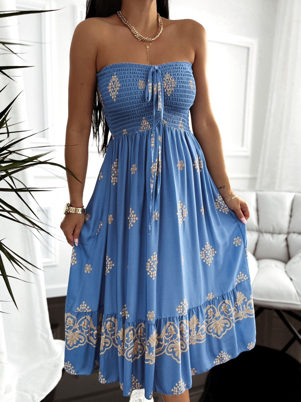 Midi vzorované šaty Loris - modré