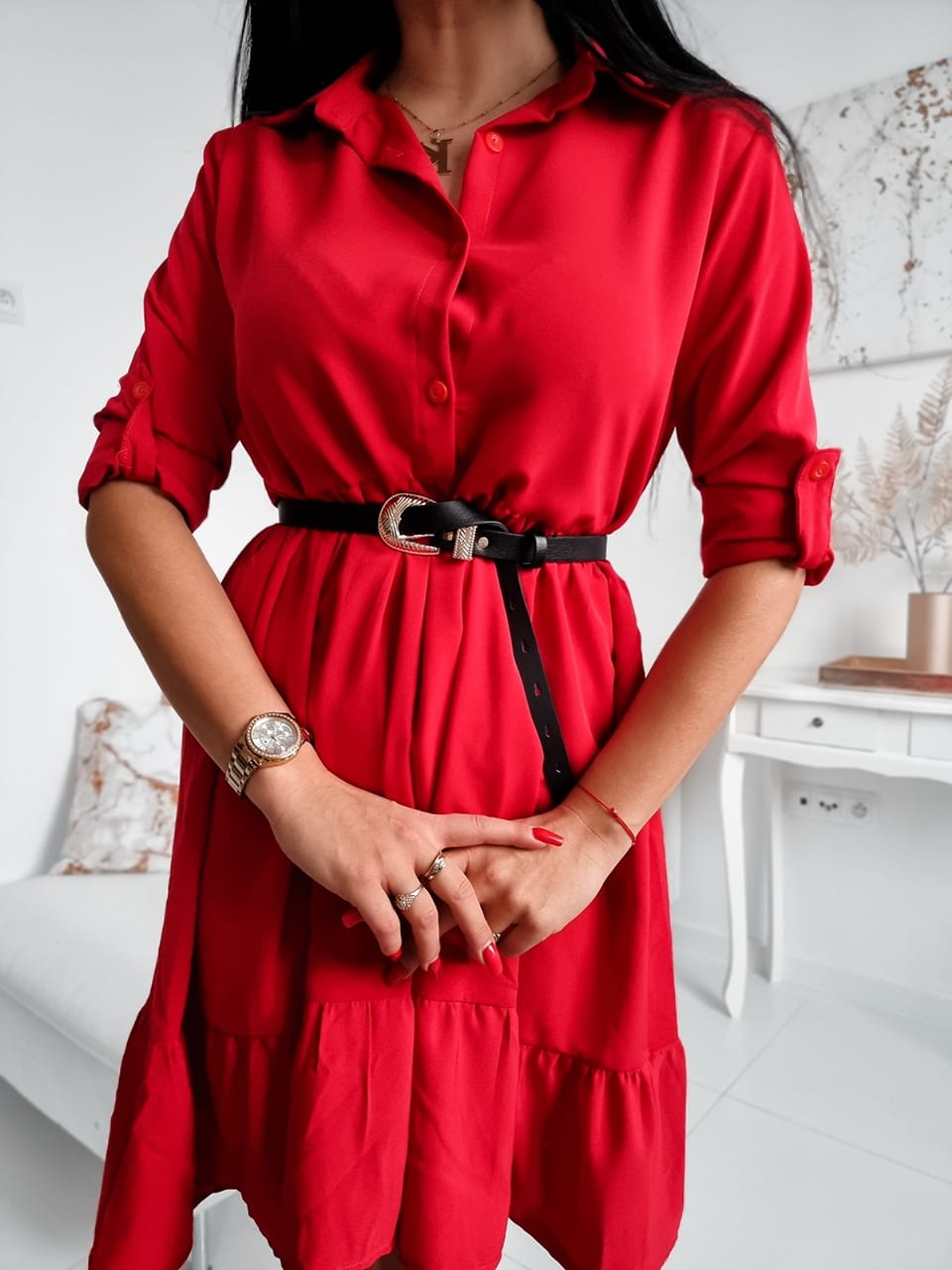 Voľné šaty s opaskom Carly – červené Veľkosť: 2XL