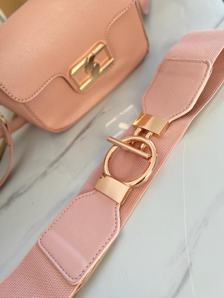 Dámsky elastický opasok so zlatou sponou – ružový