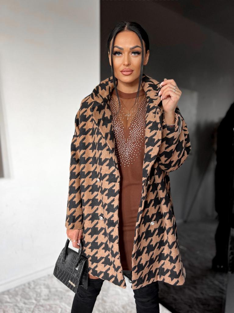 Oversize pepitový kabát Marcy – hnedý Veľkosť: Univerzálna