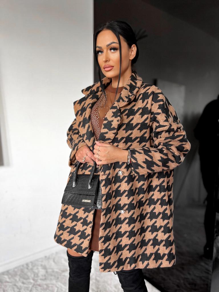 Oversize pepitový kabát Marcy – hnedý Veľkosť: Univerzálna