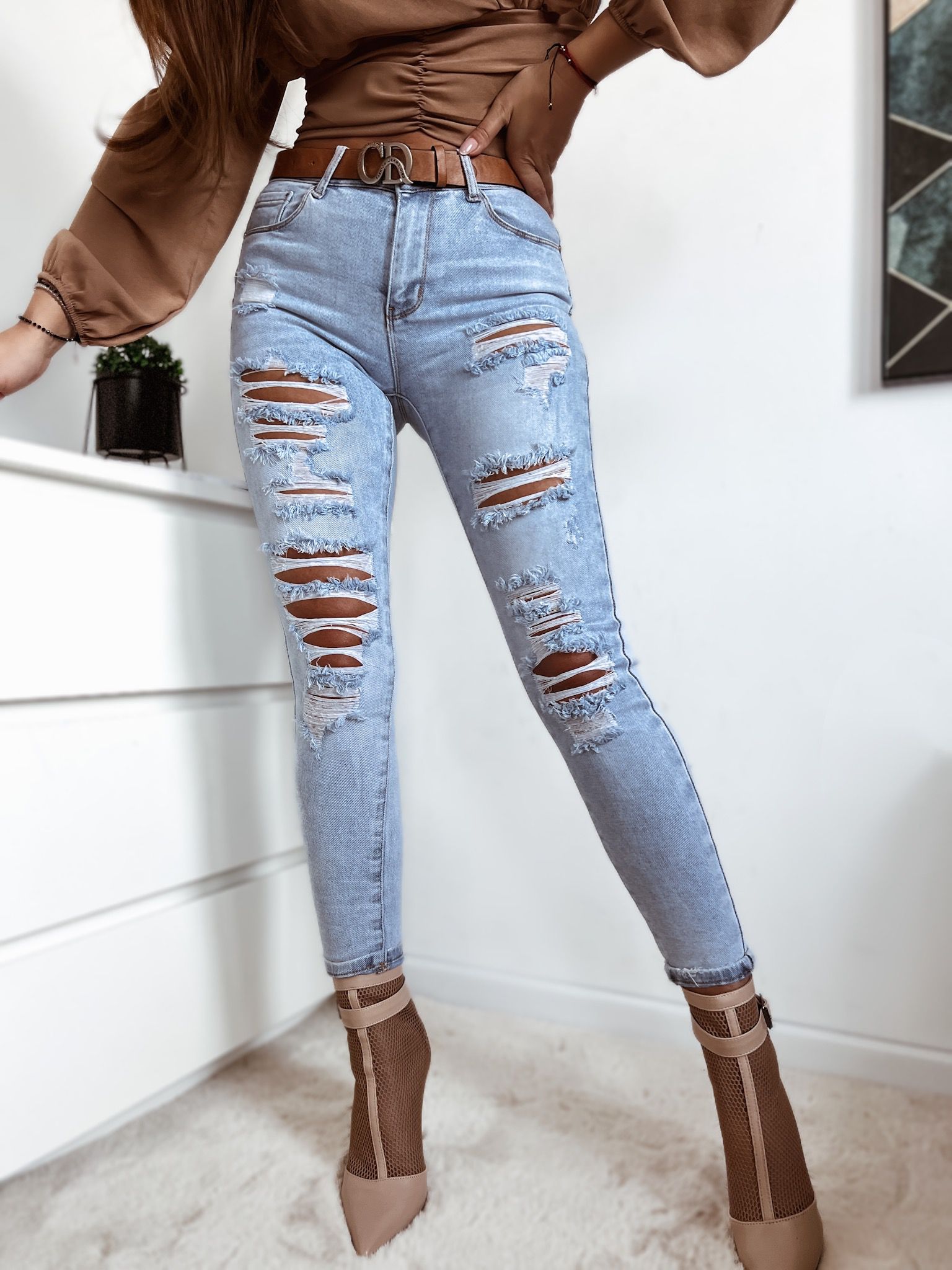 Potrhané elastické Push up rifle M.Sara – bledomodré Veľkosť: XL