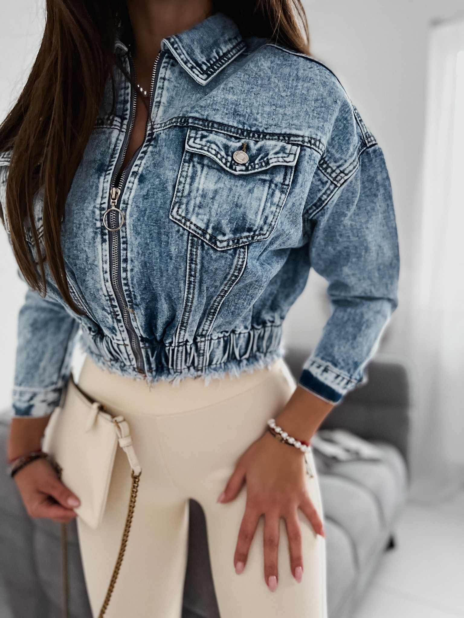 Ovesize rifľová bunda Lorra – modrá Veľkosť: XS