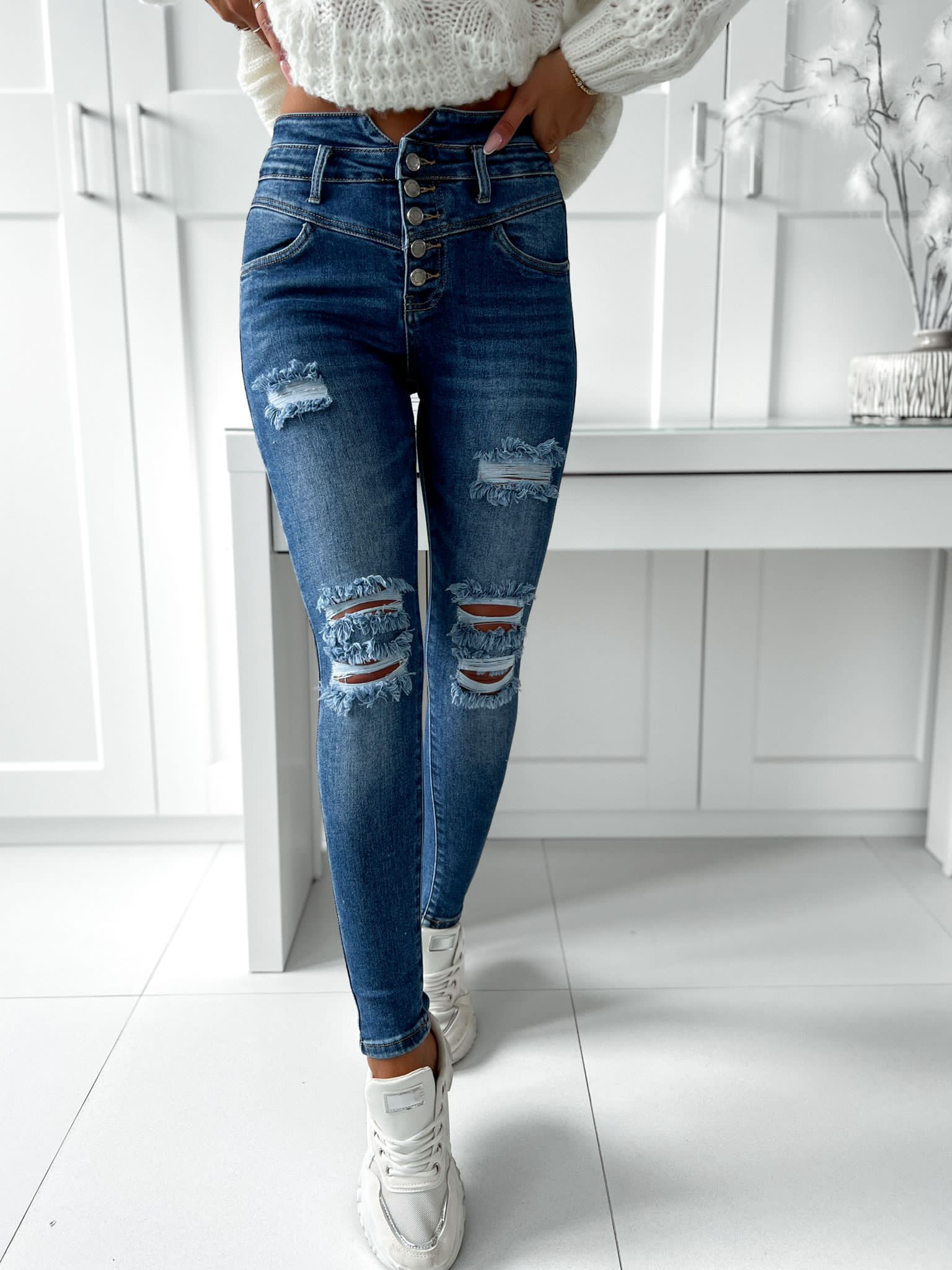 Potrhané elastické rifle M.Sara – tmavo modré Veľkosť: L