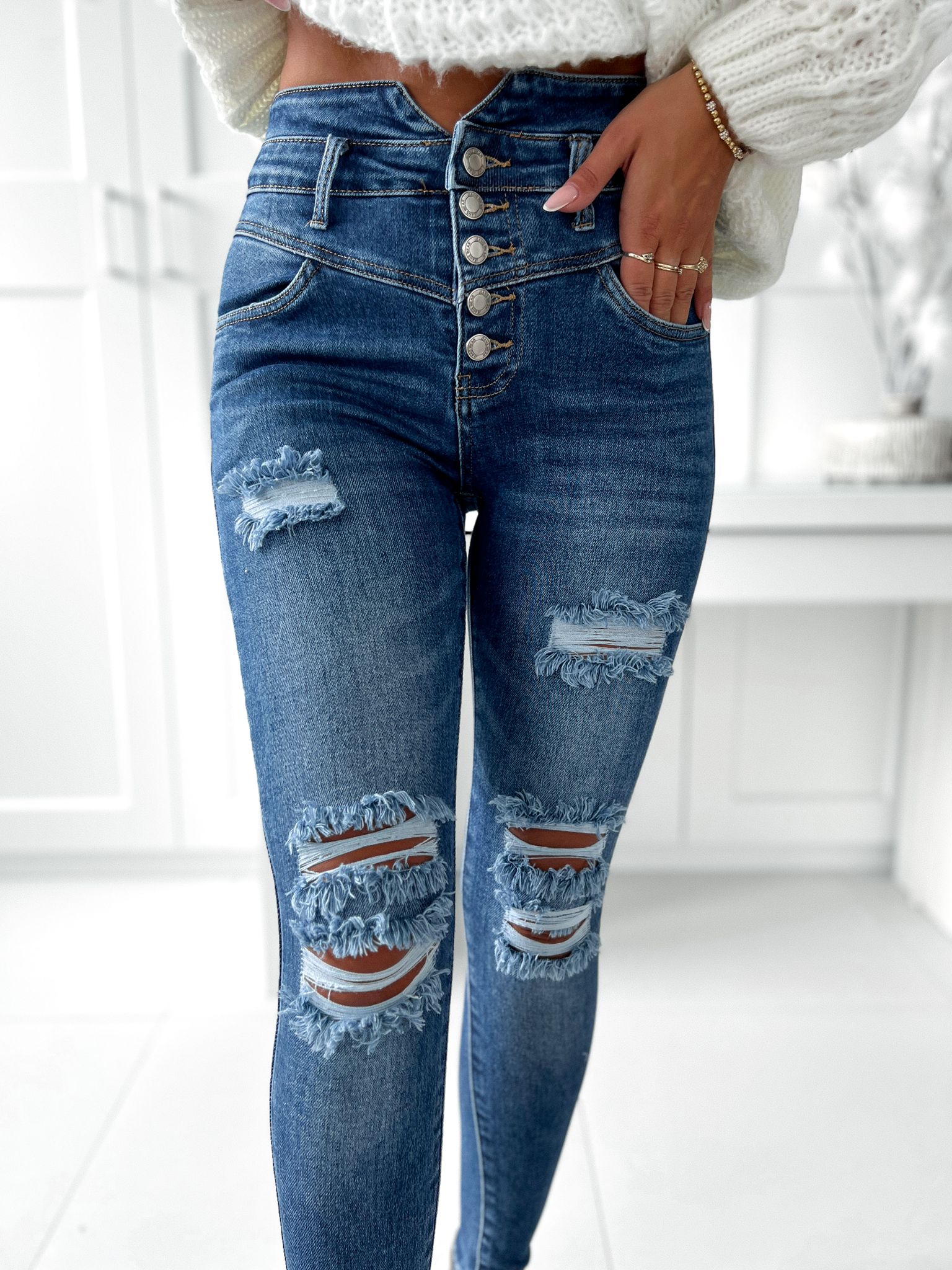 Potrhané elastické rifle M.Sara – tmavo modré Veľkosť: L