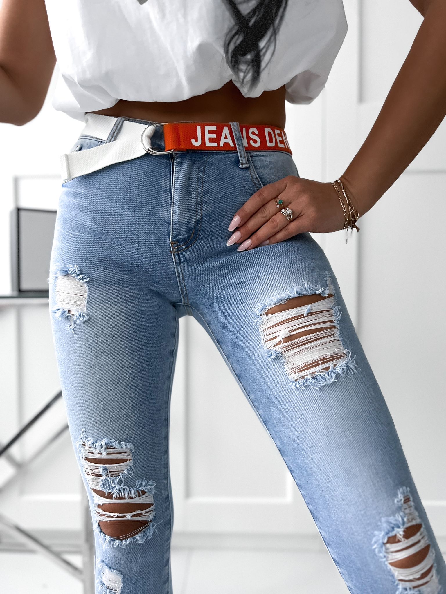 Elastické potrhané rifle M.Sara – bledo modré Veľkosť: XL