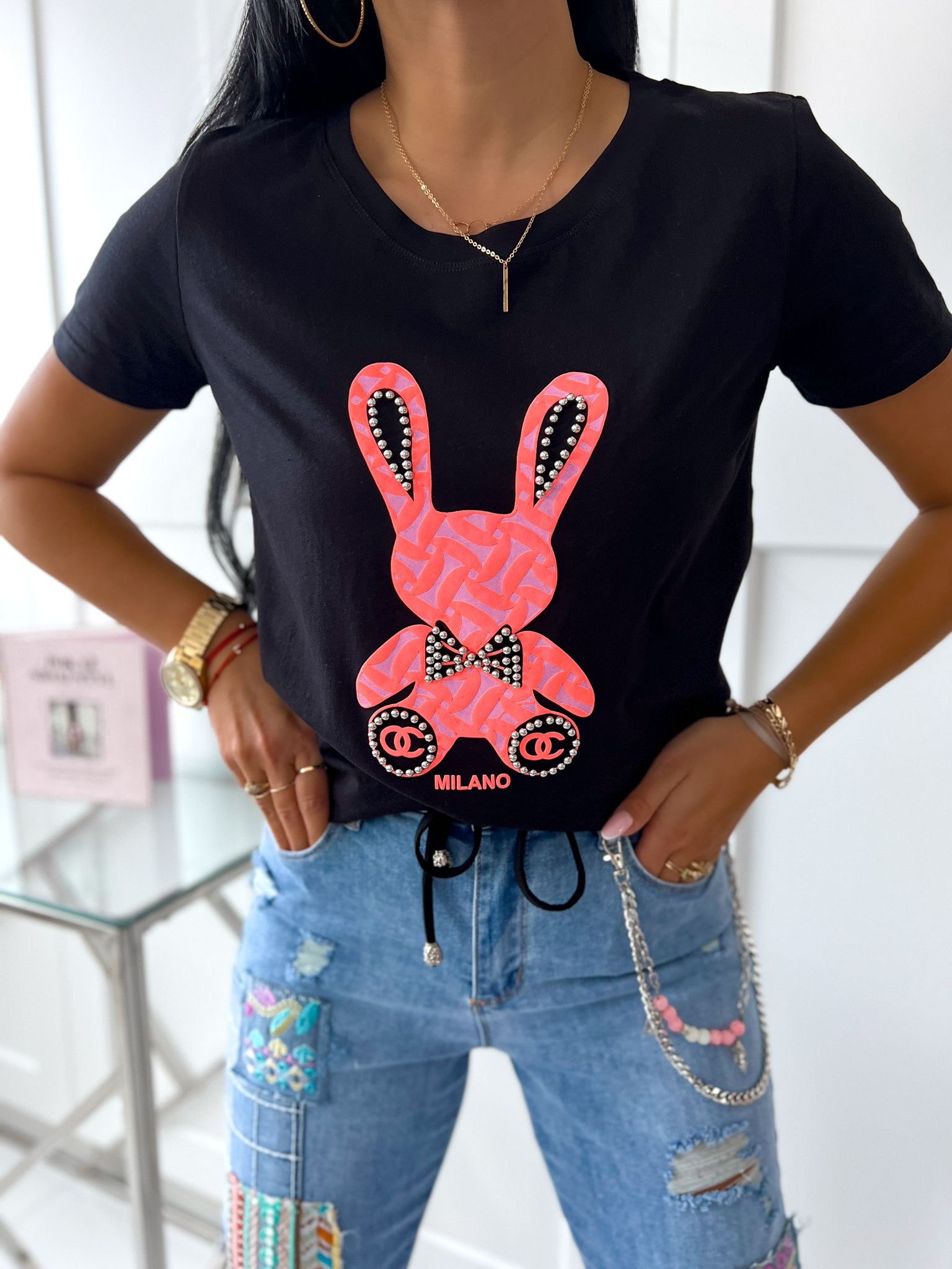 Dámske bavlnené tričko Bunny – čierne Veľkosť: Univerzálna