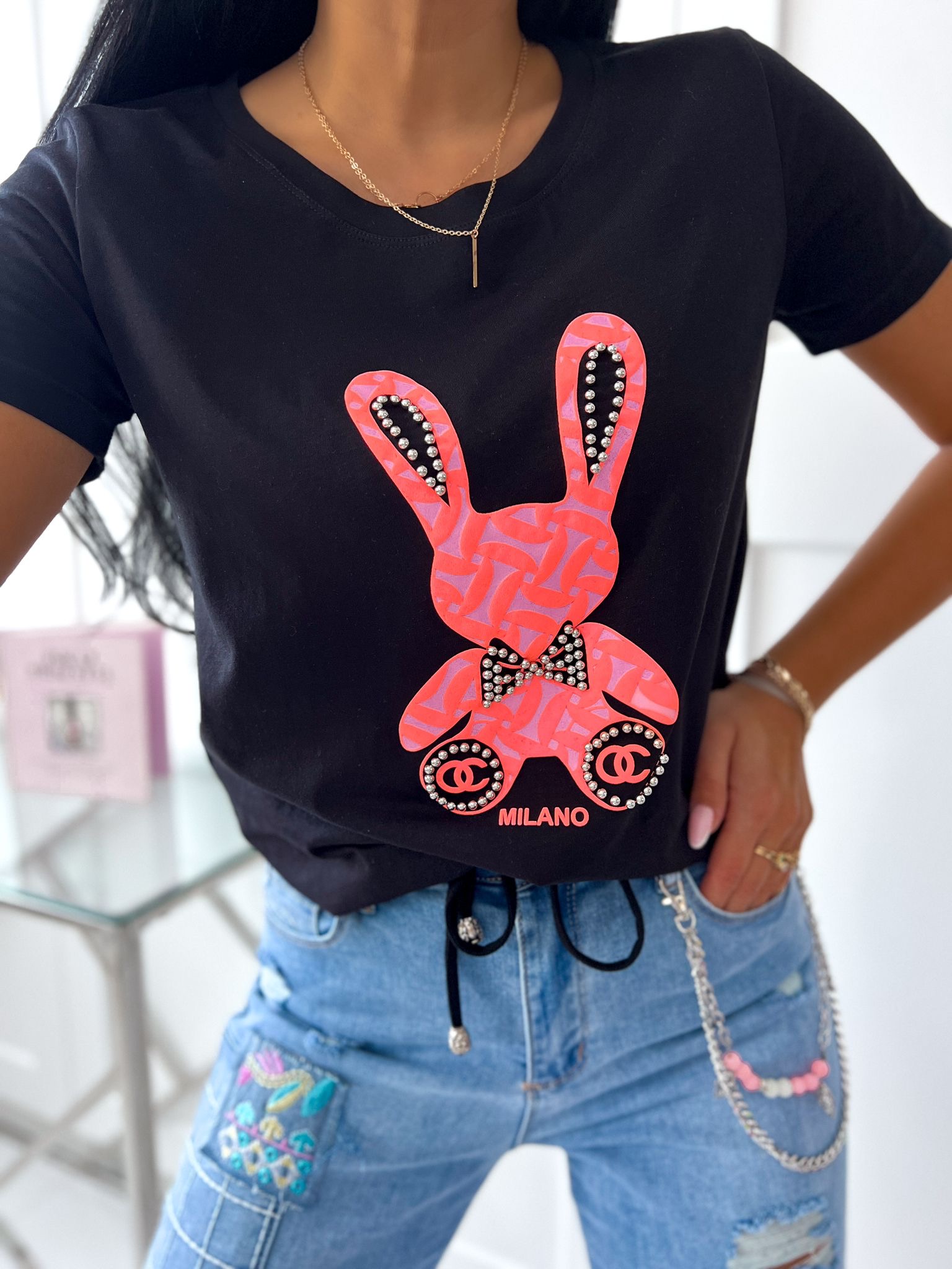 Dámske bavlnené tričko Bunny – čierne Veľkosť: Univerzálna
