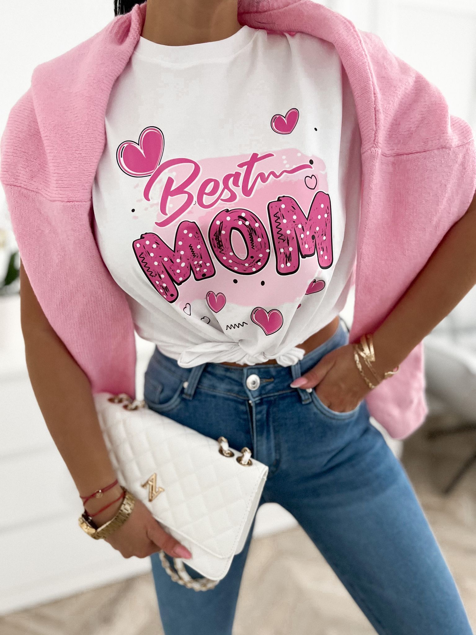Bavlené tričko Best mom Hearts – biele Veľkosť: Univerzálna