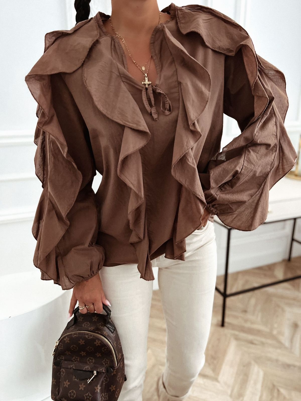 Bavlnená blúzka Simonne – hnedá Veľkosť: Univerzálna