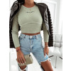 Rebrovaný crop top s dlhým rukávom Monett - zelený2