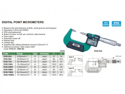 3530 25BA digitalni trmenovy mikrometr insize se spicatymi doteky 0 25 mm typ b